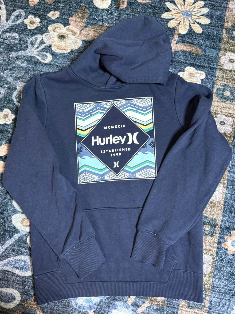 Hurley Navy Hoodie with Aqua & Light Green Geometric Chest Print